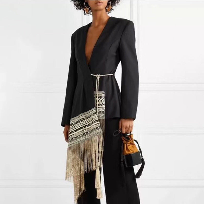 Long-Sleeve-Fringe-Patchwork-Asymmetric-Coat-Dress